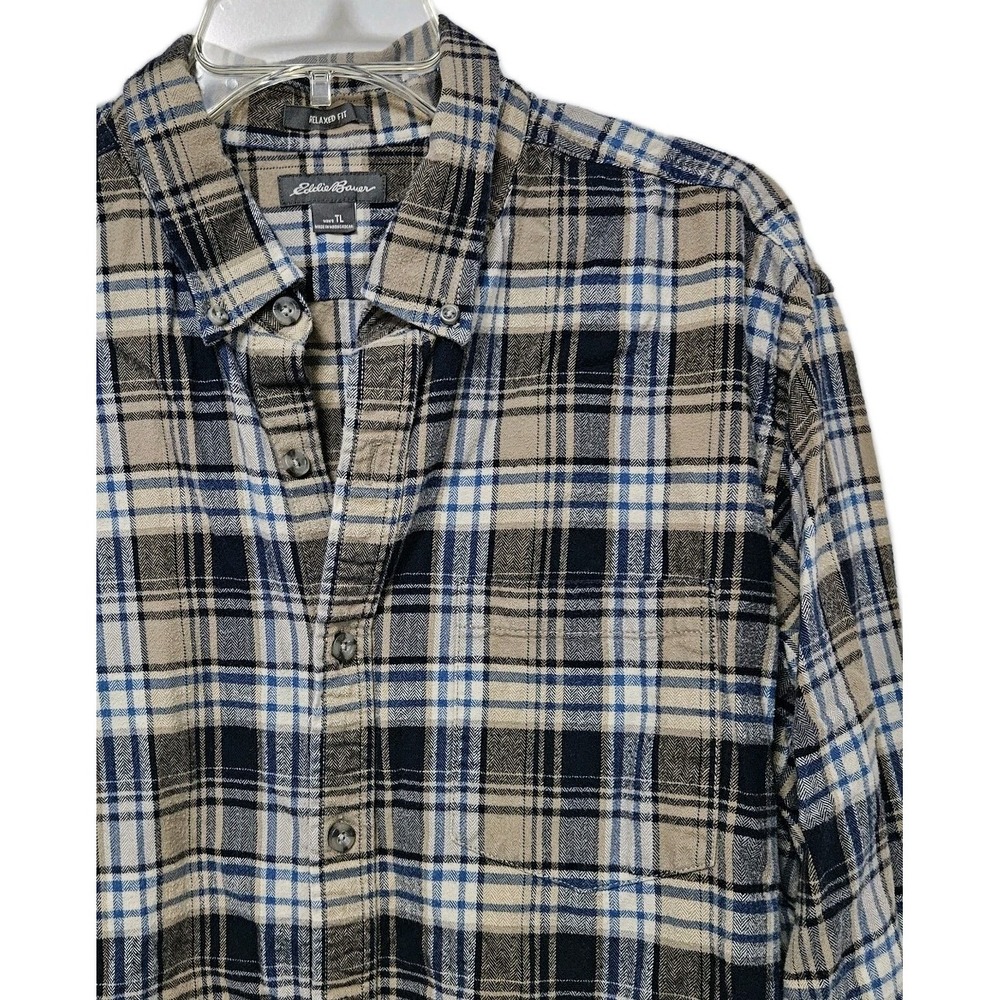 Eddie Bauer Shirt Mens TL Tan Blue Plaid Relaxed Fit Flannel Long Slv Button Up